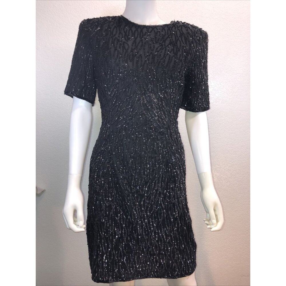 NWT Stenay Black Short Sleeve Sequins & Beads Silk Dress Sz 10 Bust 38" NEW - Picture 2 of 10